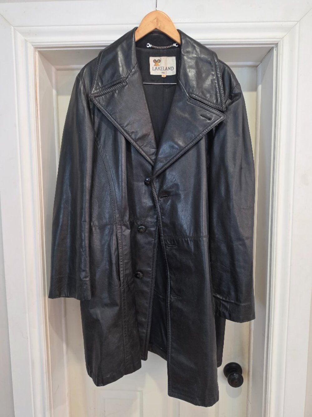 Lakeland Vintage 70s Black Leather Car Coat Jacket Men's Size L